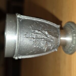 Vintage German Zinn Maritine Silver Pewter Goblet with Ship Design